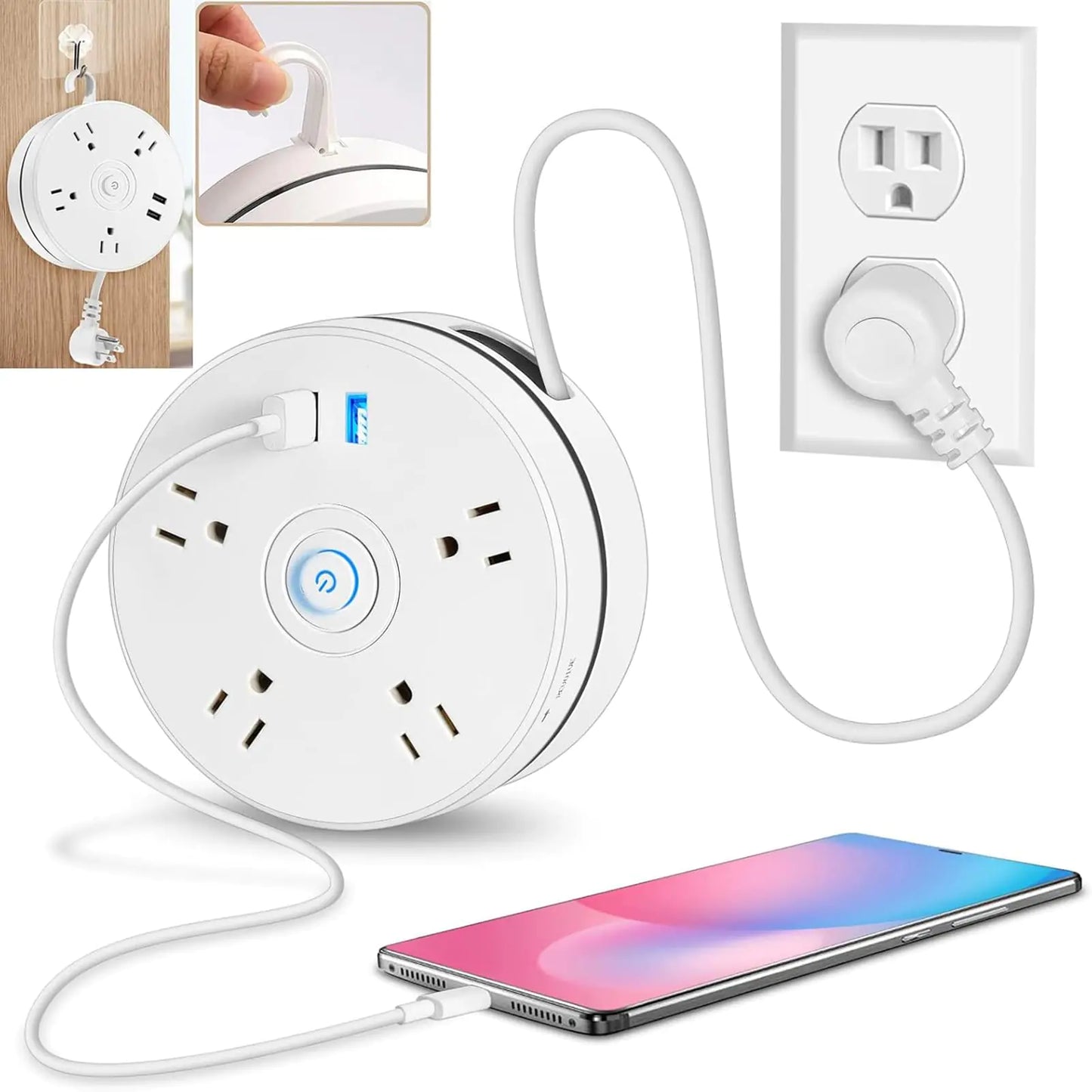 Retractable Power Strip 6FT Extension Cord Power Strip Surge Protector with 4 Outlets 2 USB Ports and Hook Portable Travel Power Strip for Office School HotelDorm Room-White