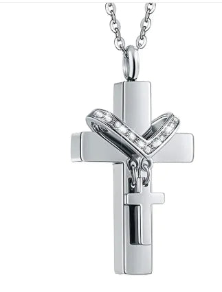 Stainless Steel Double Cross Charm Pet Animal Urn Necklace