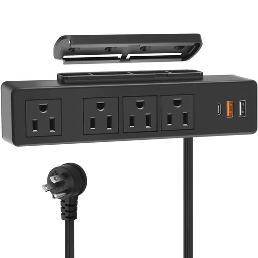 VILONG Under Desk Power Strip Adhesive Wall Mount Power Strip with PD 20W USB Fast Charging Ports 4 AC Outlet for Kitchen Office Home Hotel (Black)