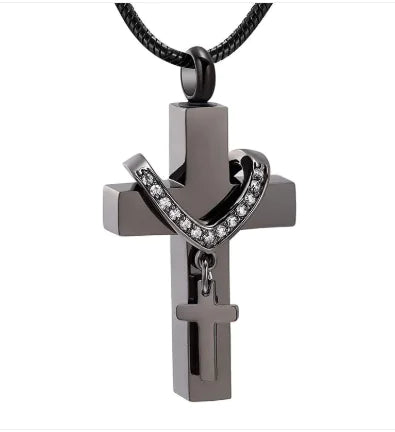 Stainless Steel Double Cross Charm Pet Animal Urn Necklace