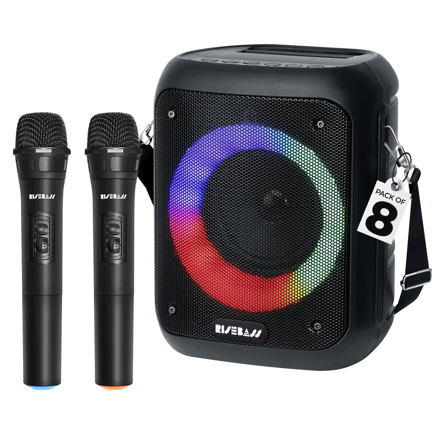 Risebass Portable Karaoke Machine with 2 Wireless Microphones - Bluetooth Rechargeable Speaker with USB/SD/TF Card Support, AUX-in, Tripod Screw Mount and Phone Slot.