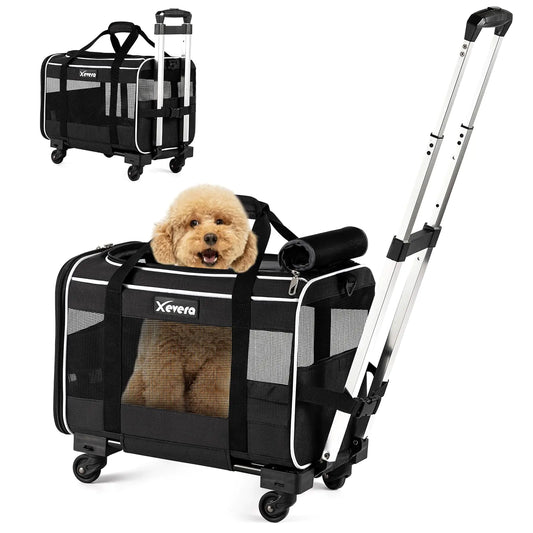 Xevera Cat Dog Carrier with Wheels Airline Approved Rolling Pet Carrier with Telescopic Handle Shoulder Strap and Pet Bowl Black