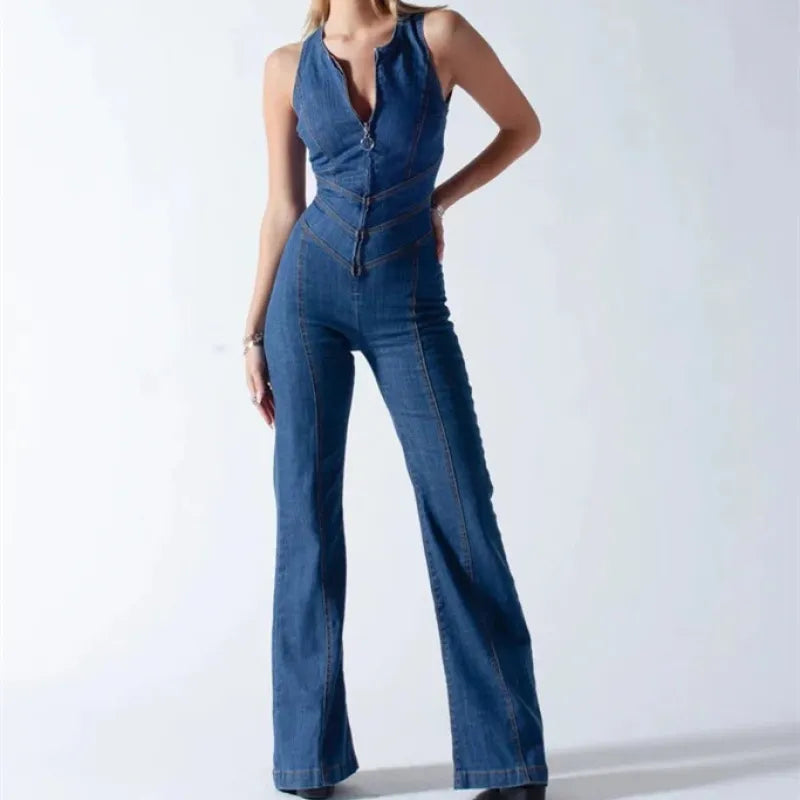 Spring Slim Fit High Waist Denim Jumpsuit