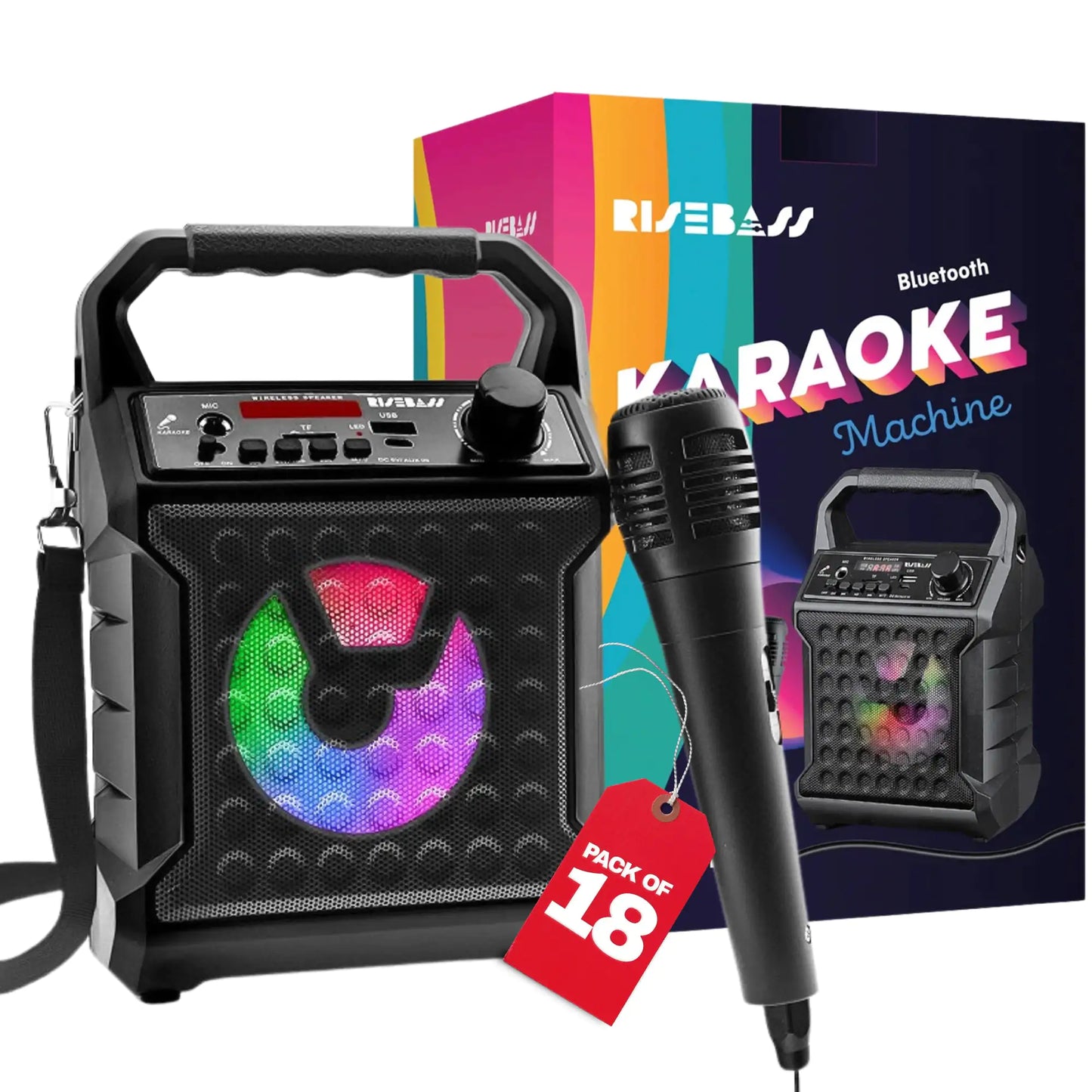 Risebass Portable Karaoke Machine with Microphone - Home Karaoke System with Party Lights for Kids and Adults - Rechargeable USB Speaker Set with FM Radio, SD/TF Card Support, and AUX-in