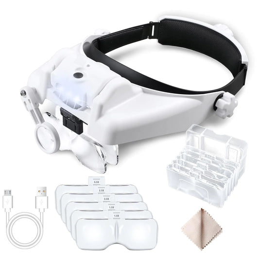 Headband Magnifier with Light Rechargeable Magnifying Glasses 1X to 14X Hands Free Head Mount Magnifying Glasses with 5 Detachable Lens for Close Work Sewing Crafts Jewelry Watch Repair(White)