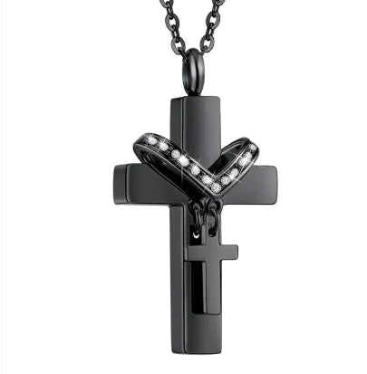 Stainless Steel Double Cross Charm Pet Animal Urn Necklace