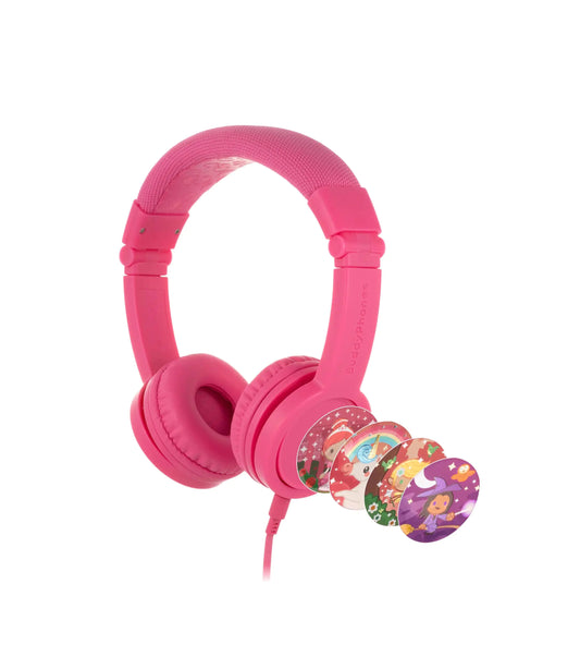 BuddyPhones Explore Plus Foldable Kids Wired Headphones SafeAudio Volume-Limiting to 85dB Built-in Audio Sharing Cable with in-Line Mic for Kindle iPad iPhone or Android by Onanoff (Rose Pink)