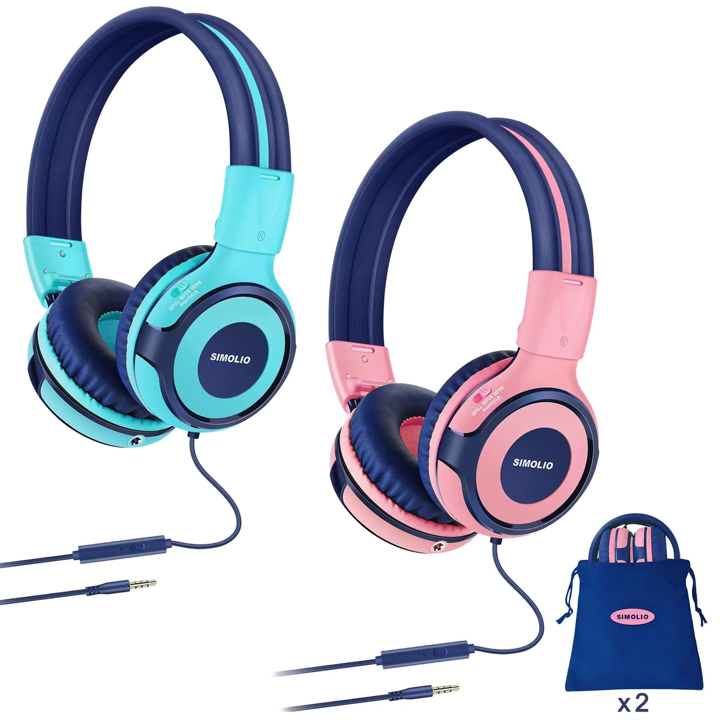 SIMOLIO 2 Pack Headphones for Kids with Mic 75dB/85dB/94dB Safe Volume Limit Wired School Headphones for Girls Boys Children Tablet Laptop Travel with Audio Share Function (MintPink)