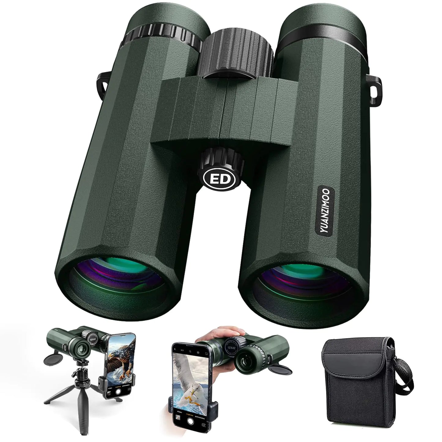 12x42 Binoculars for Adults High Powered Binoculars Waterproof Compact Binoculars with Low Light Night Vision for Hunting Outdoor Sports Concerts Bird Watching Green