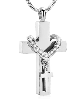 Stainless Steel Double Cross Charm Pet Animal Urn Necklace