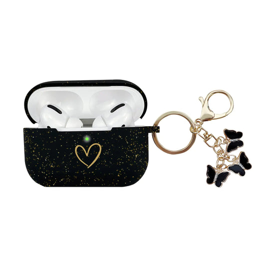 AIIEKZ Compatible with AirPods Pro Case Cover Soft Silicone Case with Gold Heart Pattern for AirPod Pro Case with Cute Butterfly Keychain for Girls Women (Glitter Black)