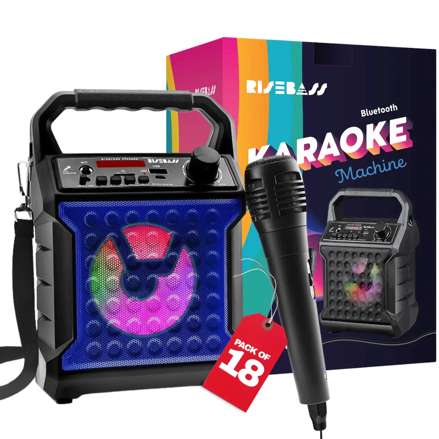 Risebass Portable Karaoke Machine with Microphone - Home Karaoke System with Party Lights for Kids and Adults - Rechargeable USB Speaker Set with FM Radio, SD/TF Card Support, and AUX-in